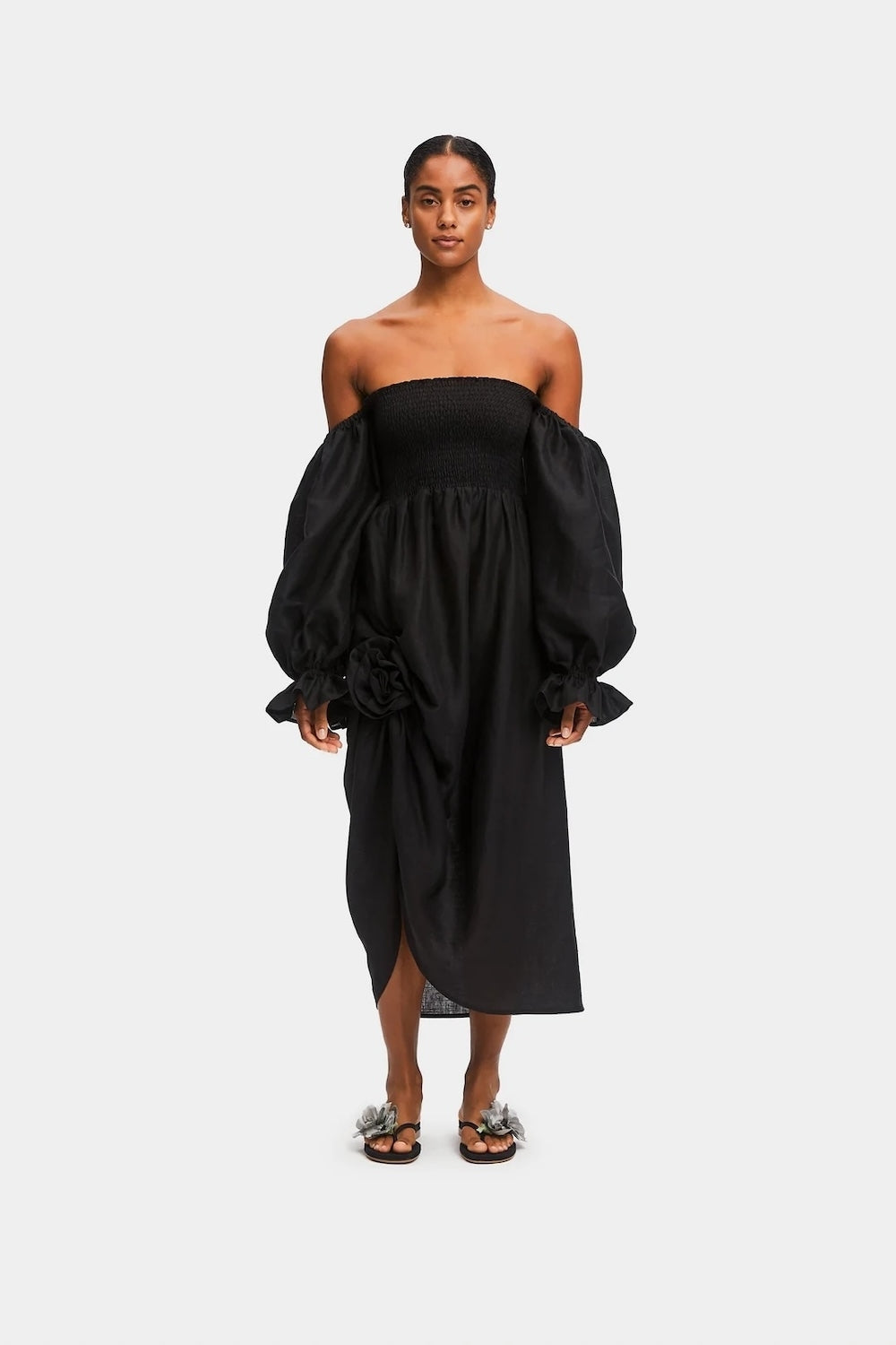 atlanta linen dress with rose detail in blue Sleeper Atlanta Linen Dress With Rose Detail in Black