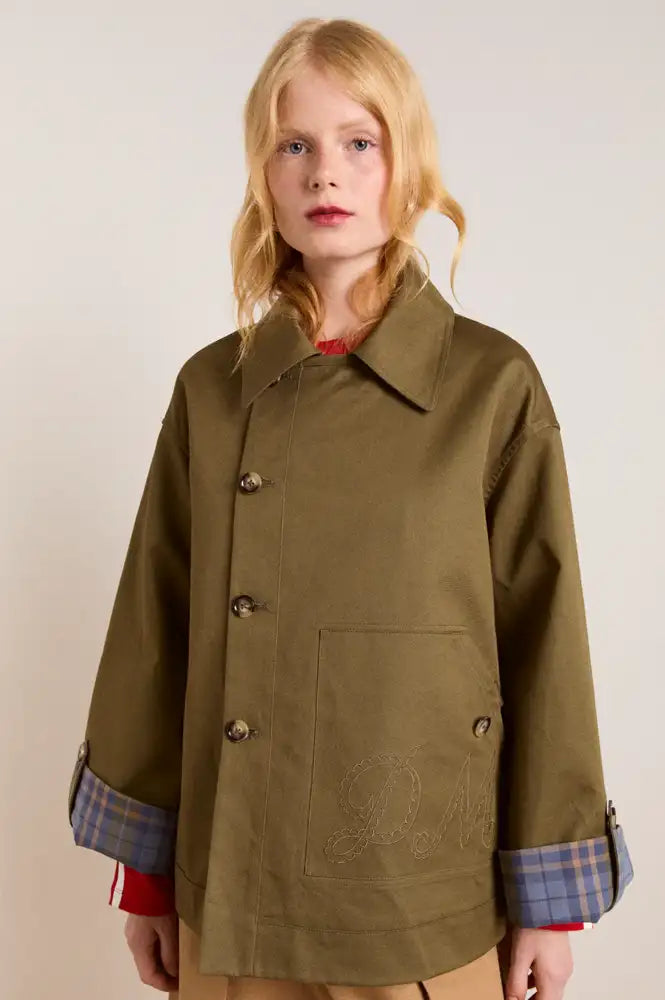 Damson Madder Reversible Jerry Crop Trench Coat in Olive