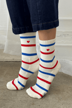Embroidered Striped Boyfriend Socks in Red Blue Heart