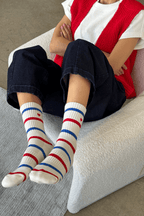 Embroidered Striped Boyfriend Socks in Red Blue Heart