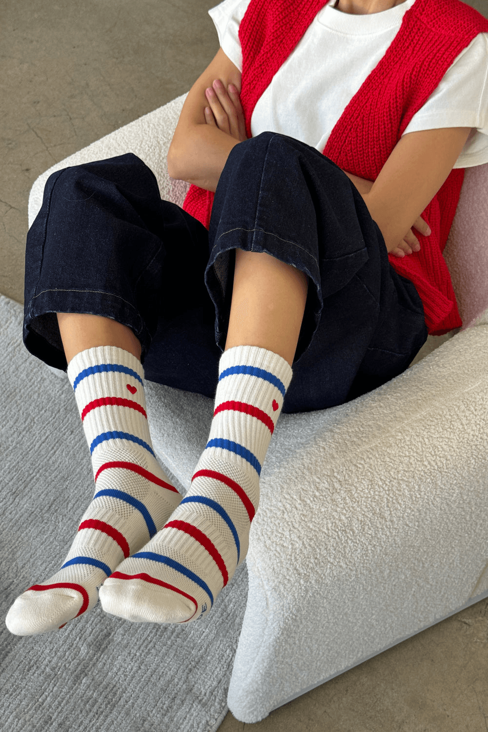 Embroidered Striped Boyfriend Socks in Red Blue Heart