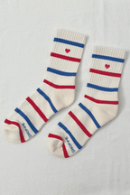 Embroidered Striped Boyfriend Socks in Red Blue Heart