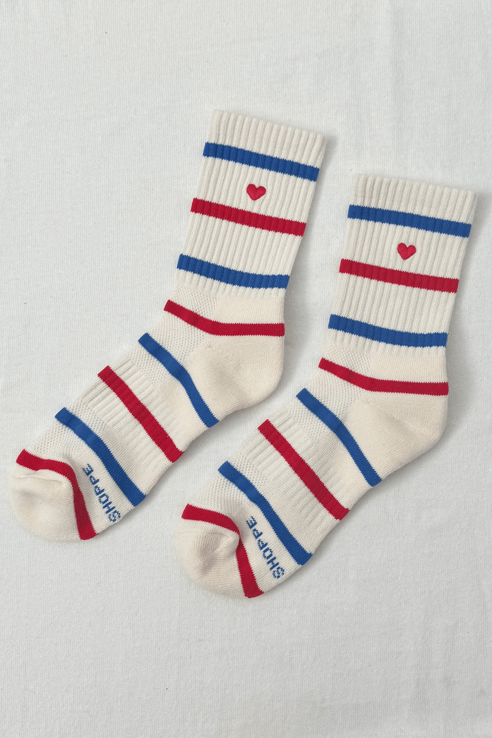 Embroidered Striped Boyfriend Socks in Red Blue Heart
