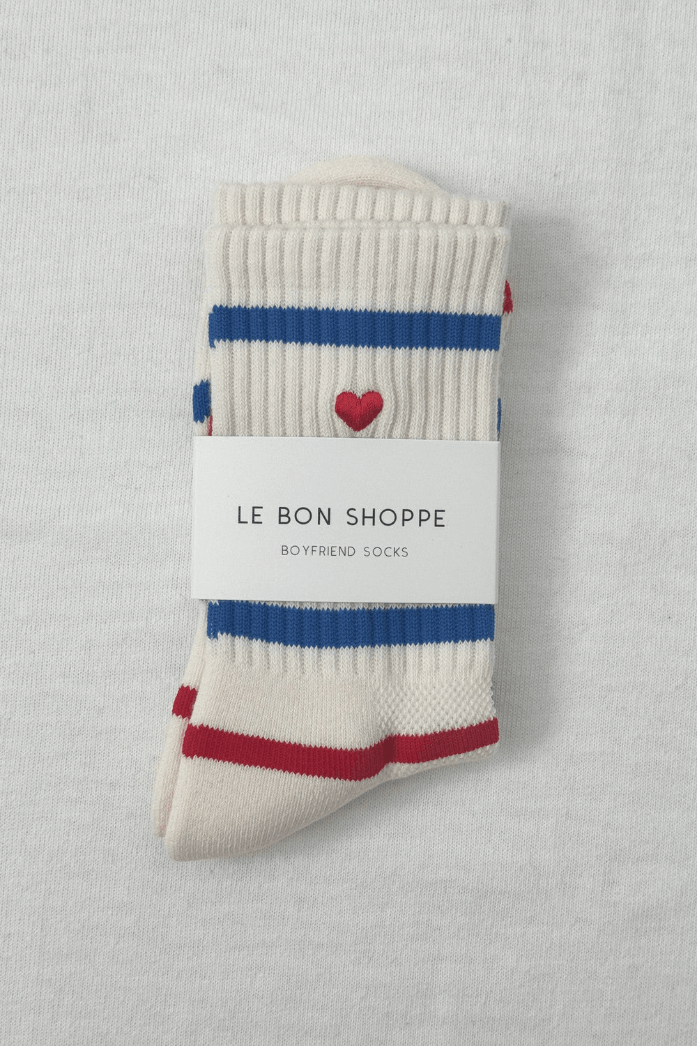 Embroidered Striped Boyfriend Socks in Red Blue Heart