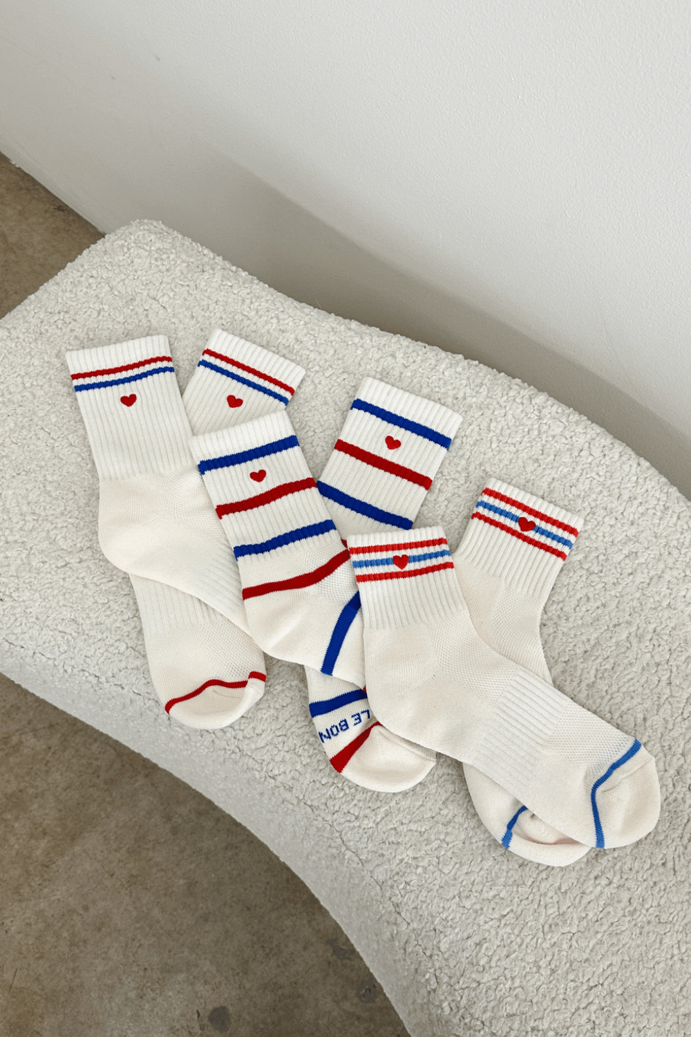 Embroidered Striped Boyfriend Socks in Red Blue Heart