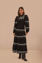 Black And White Embroidered Long Sleeve Maxi Dress