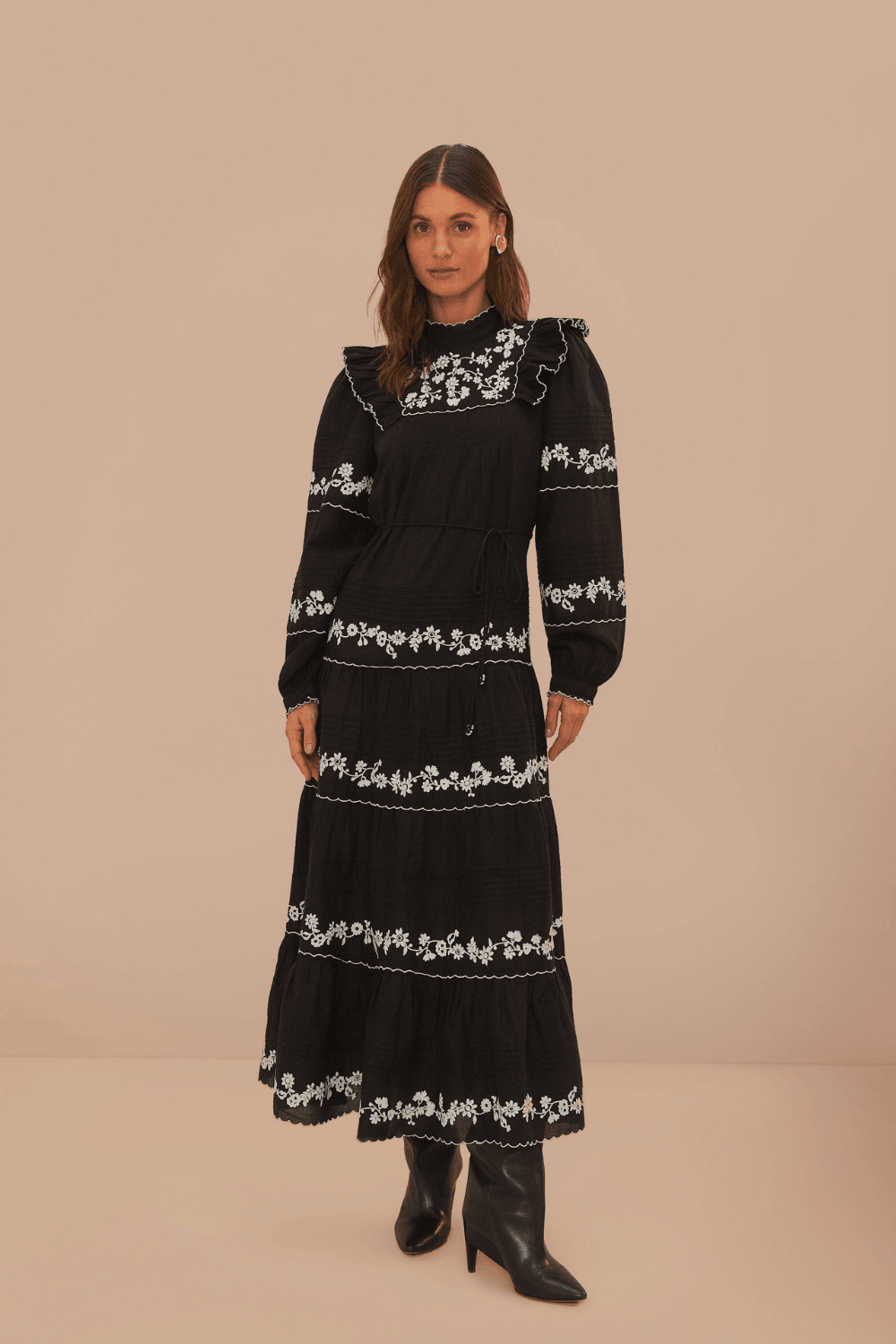 Black And White Embroidered Long Sleeve Maxi Dress