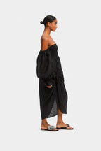 Atlanta Linen Dress with Rose Detail in Black