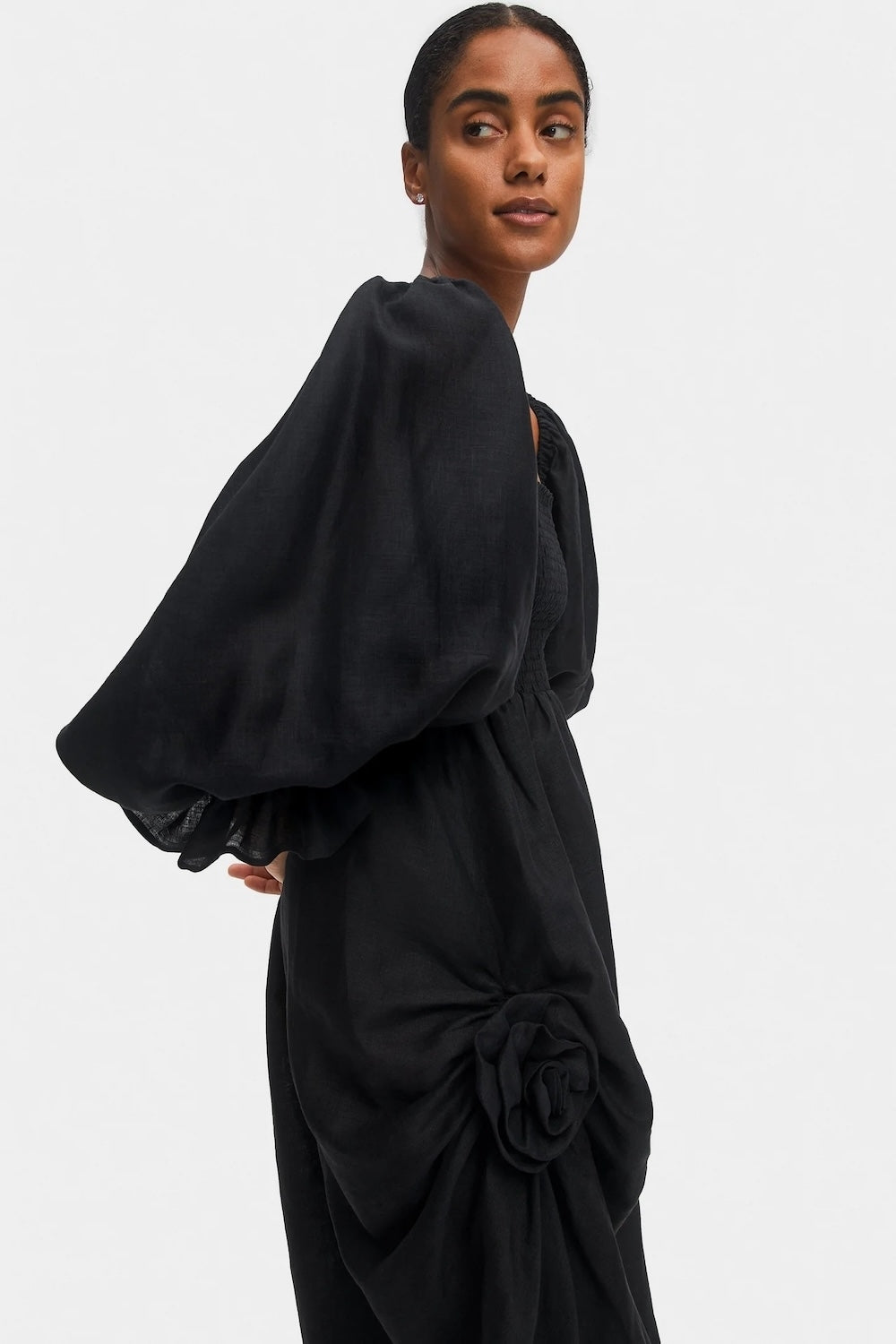 Atlanta Linen Dress with Rose Detail in Black