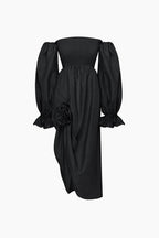 Atlanta Linen Dress with Rose Detail in Black