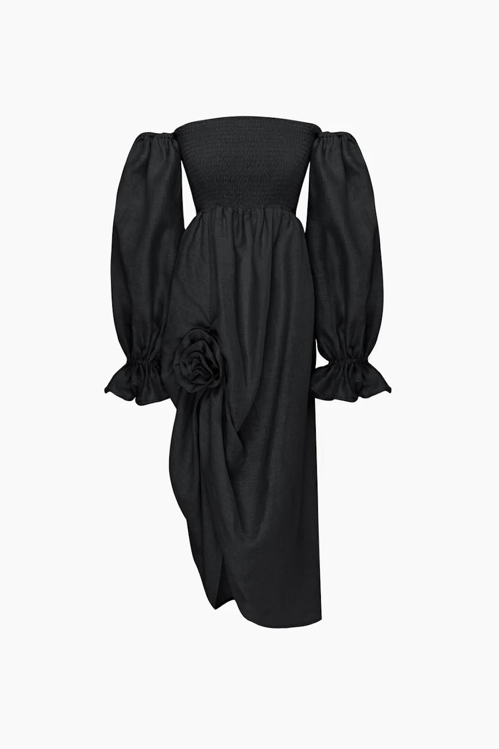Atlanta Linen Dress with Rose Detail in Black