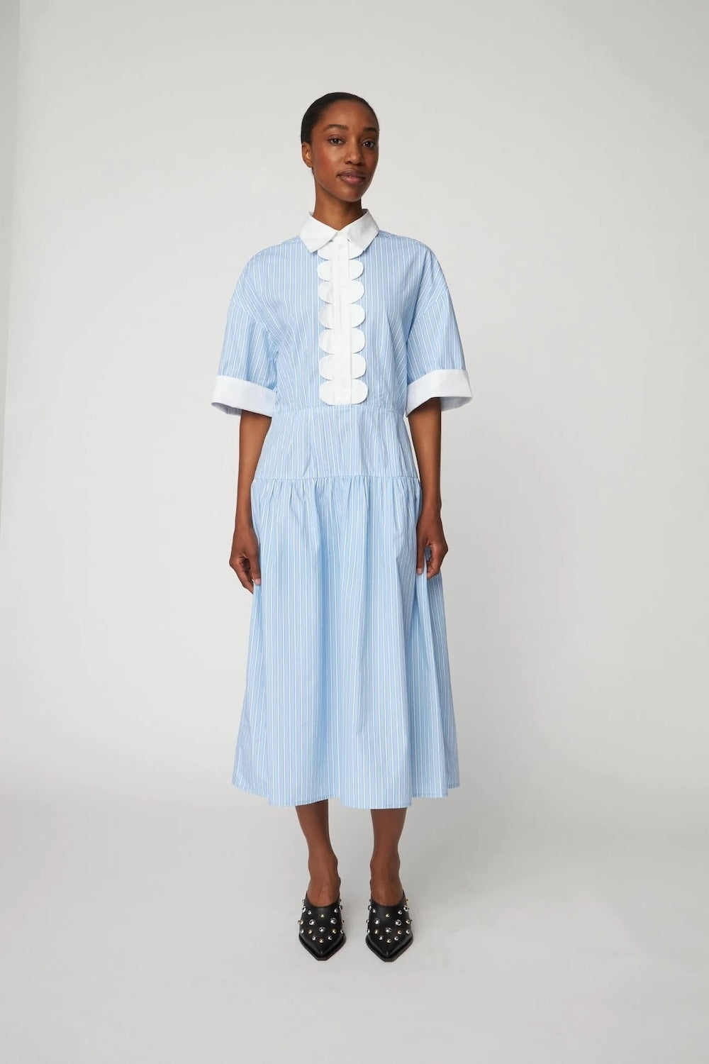 Striped Dress with Scallops in Creme Blue