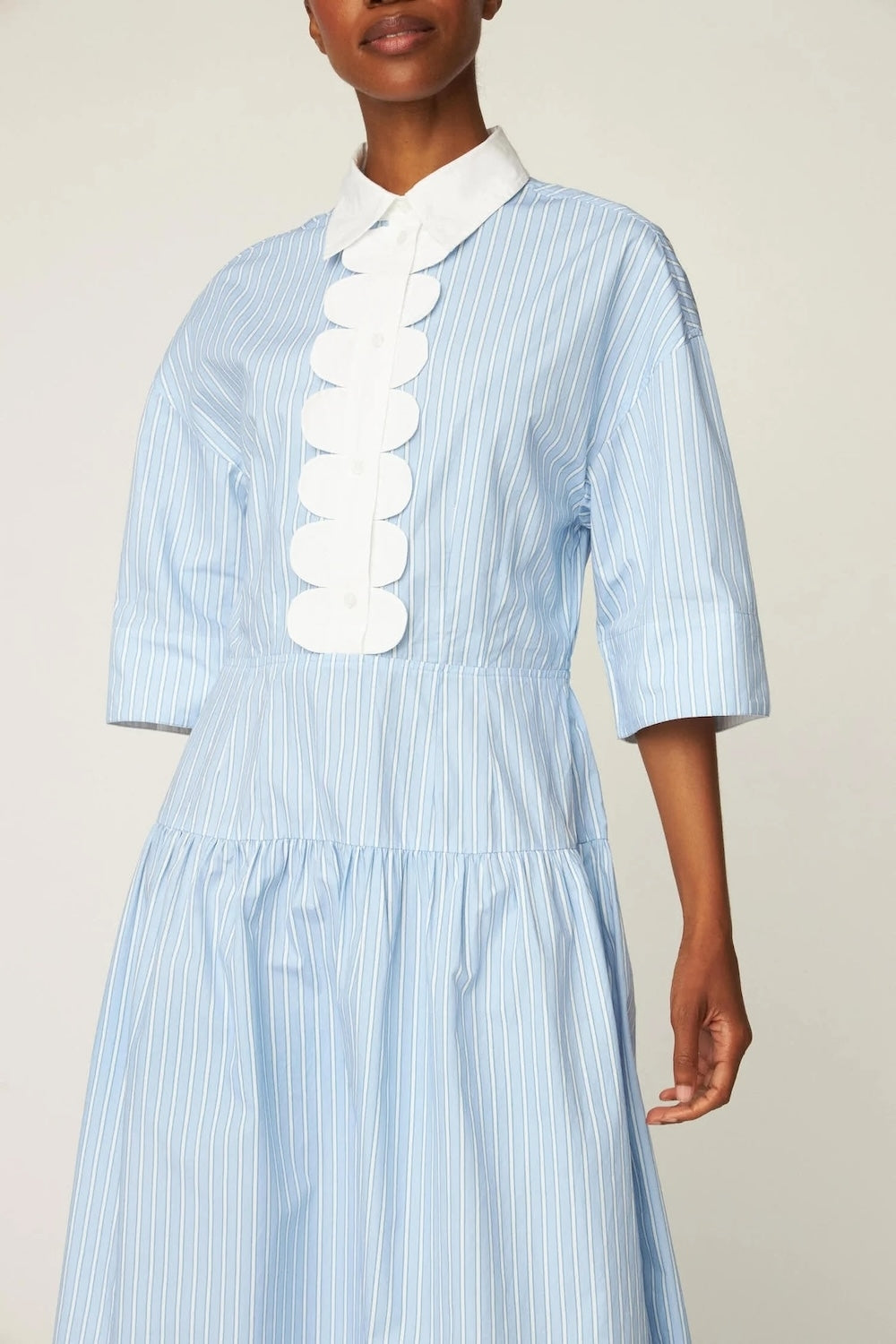 Striped Dress with Scallops in Creme Blue