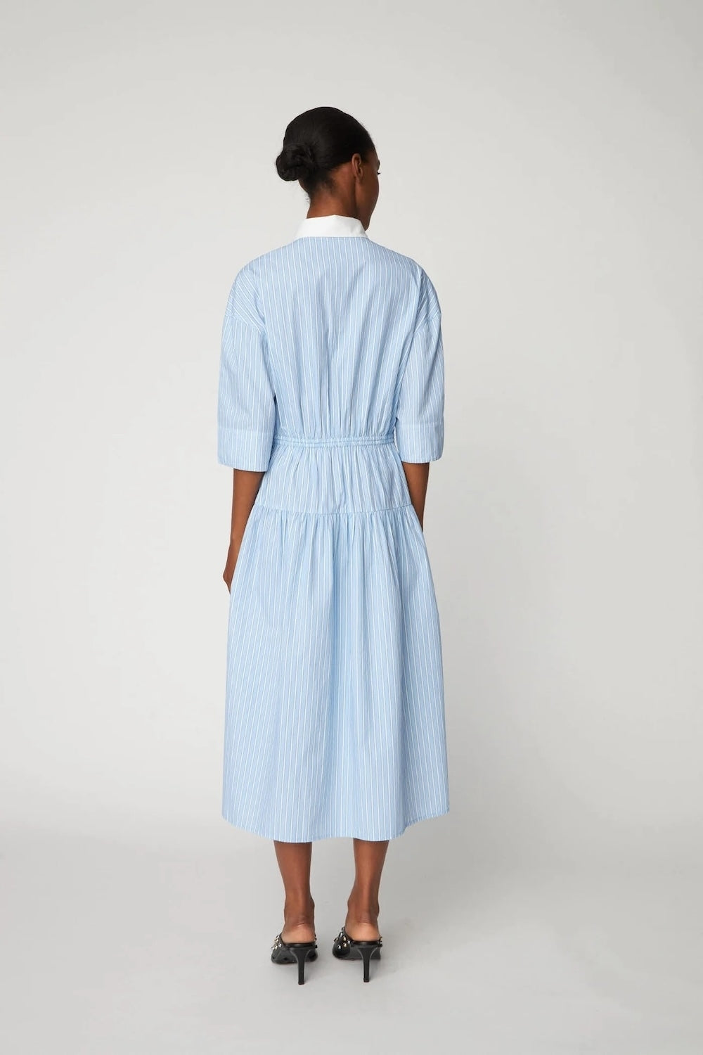 Striped Dress with Scallops in Creme Blue