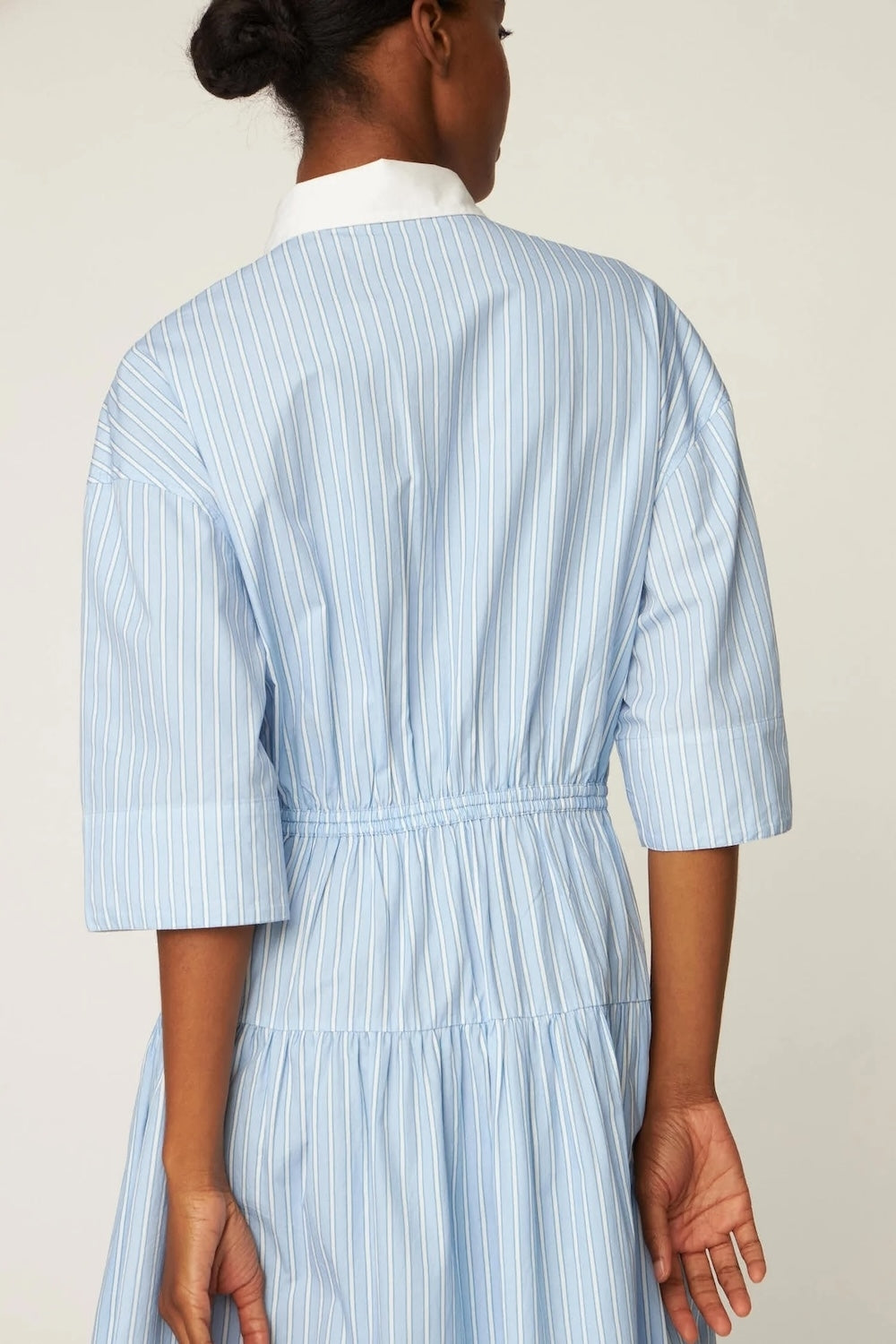 Striped Dress with Scallops in Creme Blue