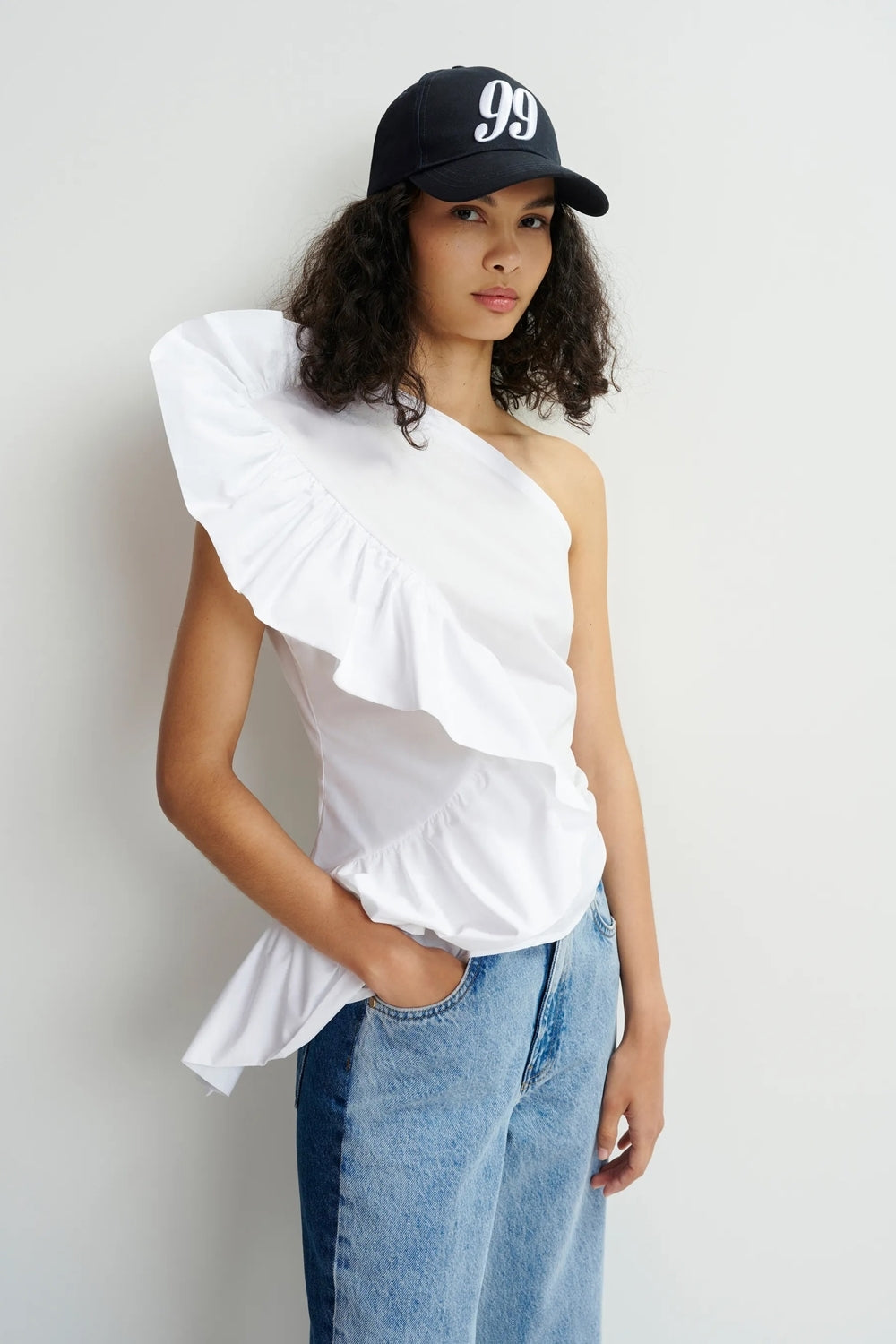 Haven Asymmetric Ruffle Top in White