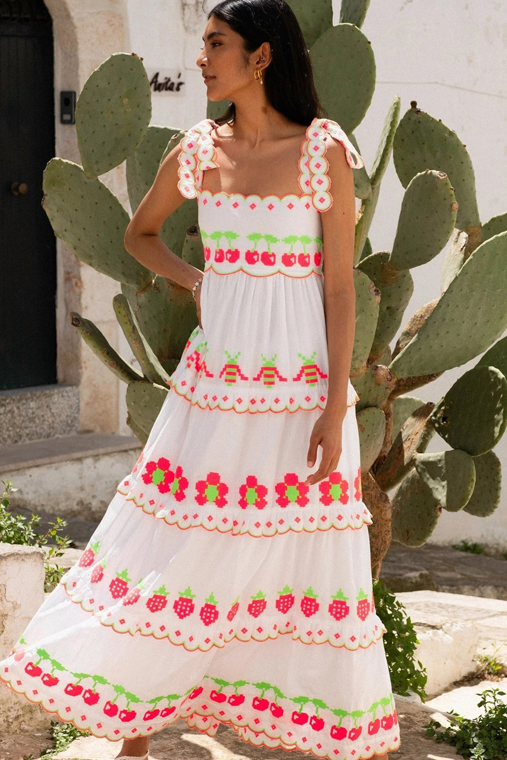 Athens Dress in Neon Fruit Embroidery