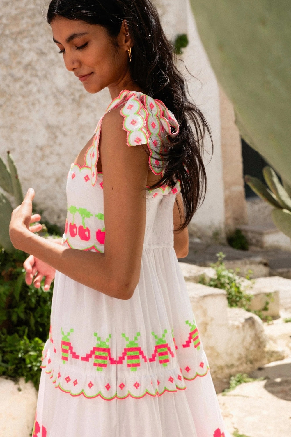 Athens Dress in Neon Fruit Embroidery