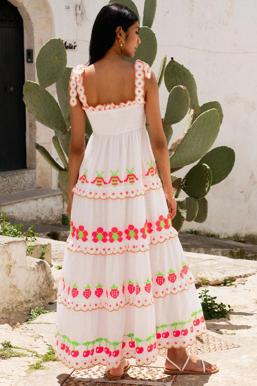 Athens Dress in Neon Fruit Embroidery