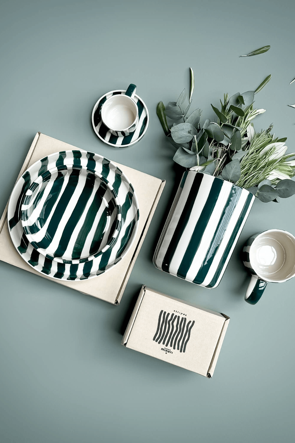 Espresso Cups Set of 2 in Gentle Green Stripes