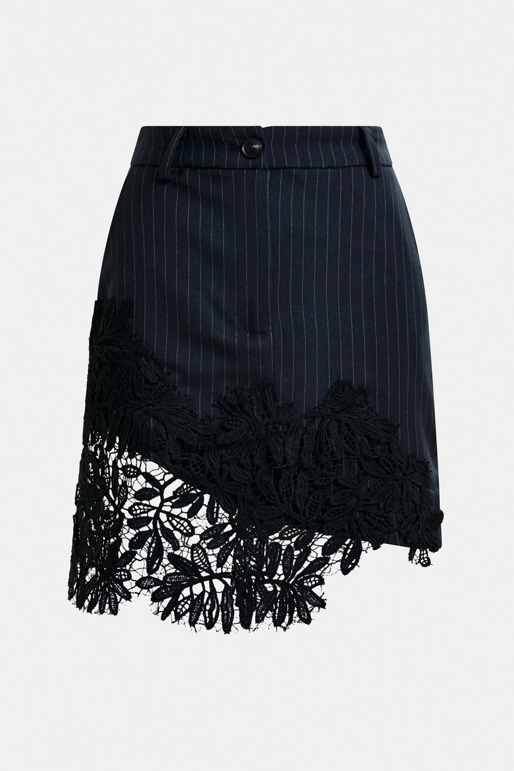 Interior Pinstripe Asymmetric Skirt with Lace Applique in Black