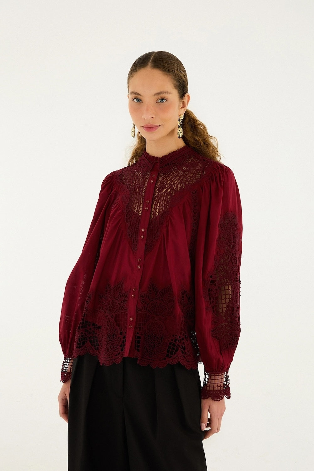 Berry Garden Guipure Blouse in Burgundy
