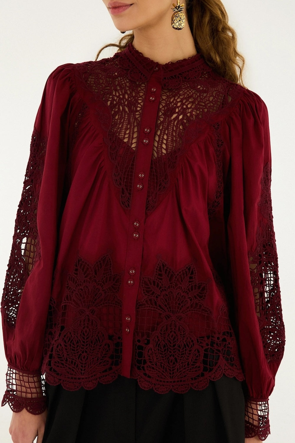 Berry Garden Guipure Blouse in Burgundy