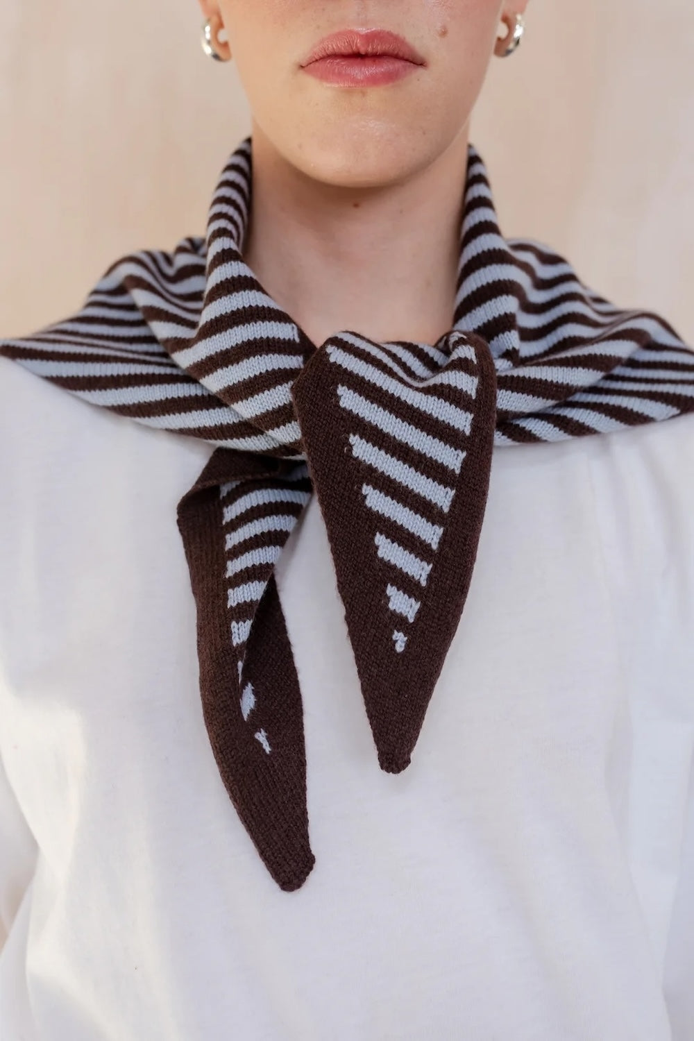 Merino Wool Triangle Scarf in Blue and Brown Stripe
