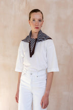 Merino Wool Triangle Scarf in Blue and Brown Stripe