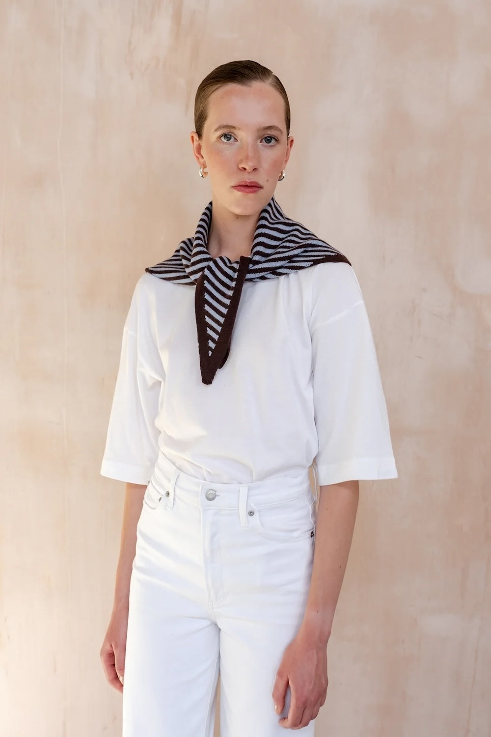 Merino Wool Triangle Scarf in Blue and Brown Stripe