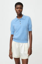 Soft Goat Pique Short Sleeve Cashmere Polo Neck in Azure