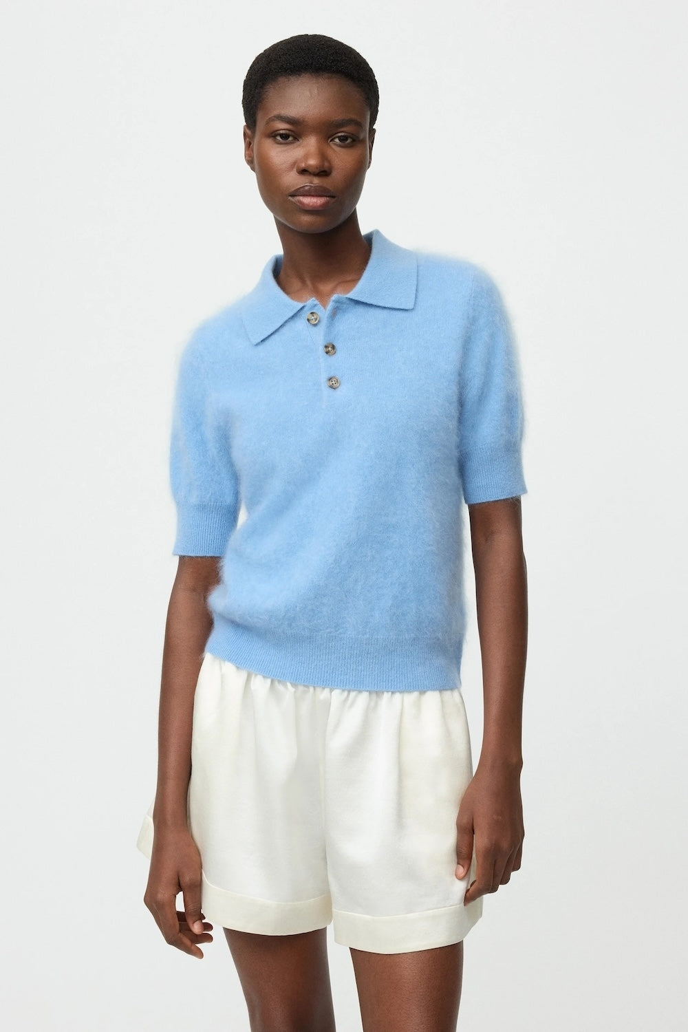 Soft Goat Pique Short Sleeve Cashmere Polo Neck in Azure