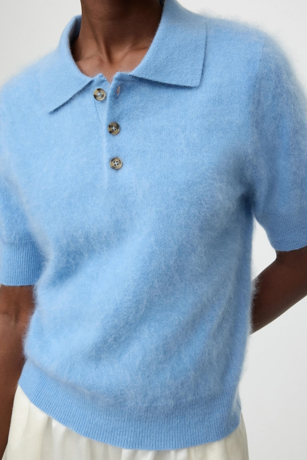 Soft Goat Pique Short Sleeve Cashmere Polo Neck in Azure