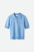 Soft Goat Pique Short Sleeve Cashmere Polo Neck in Azure