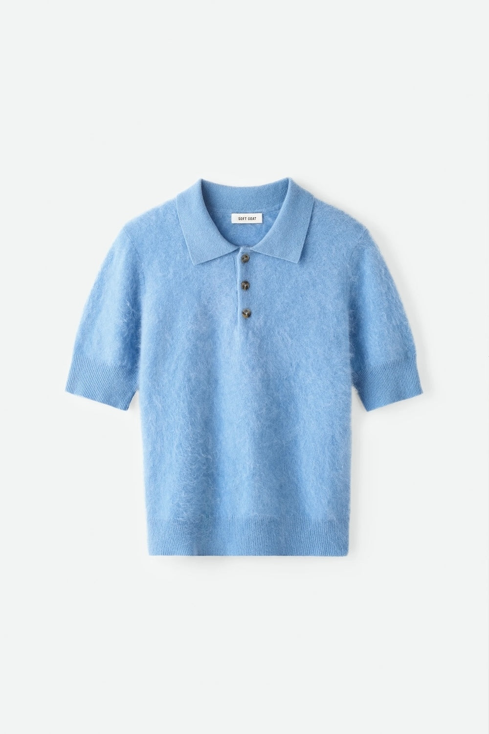 Soft Goat Pique Short Sleeve Cashmere Polo Neck in Azure