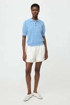 Soft Goat Pique Short Sleeve Cashmere Polo Neck in Azure