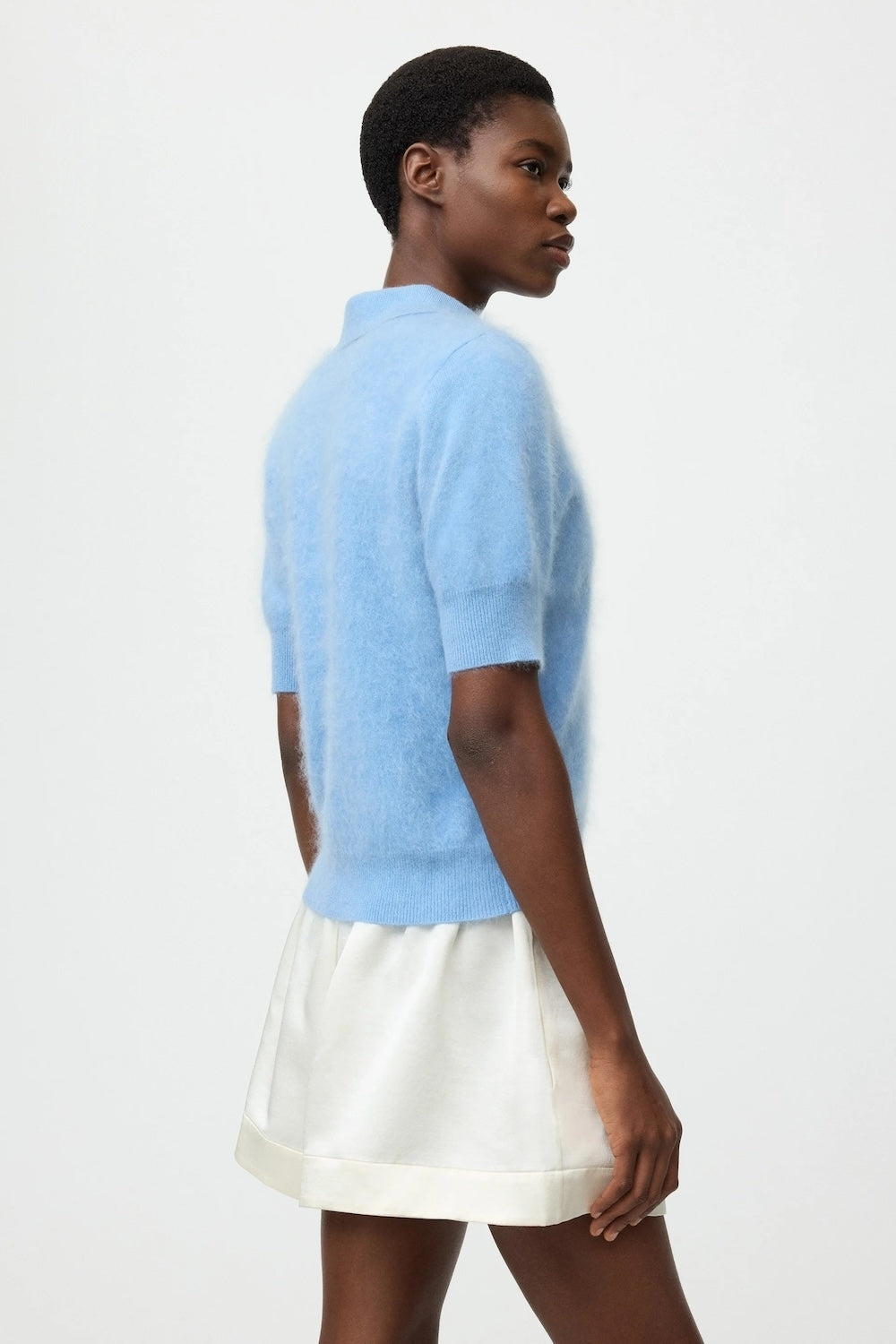 Soft Goat Pique Short Sleeve Cashmere Polo Neck in Azure