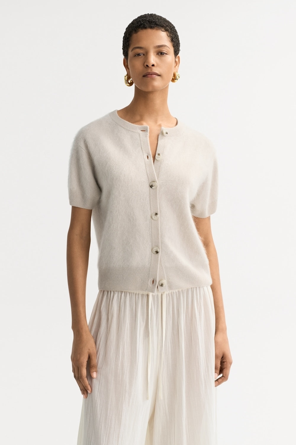 Brushed Short Sleeve Cashmere Cardigan in Chalk