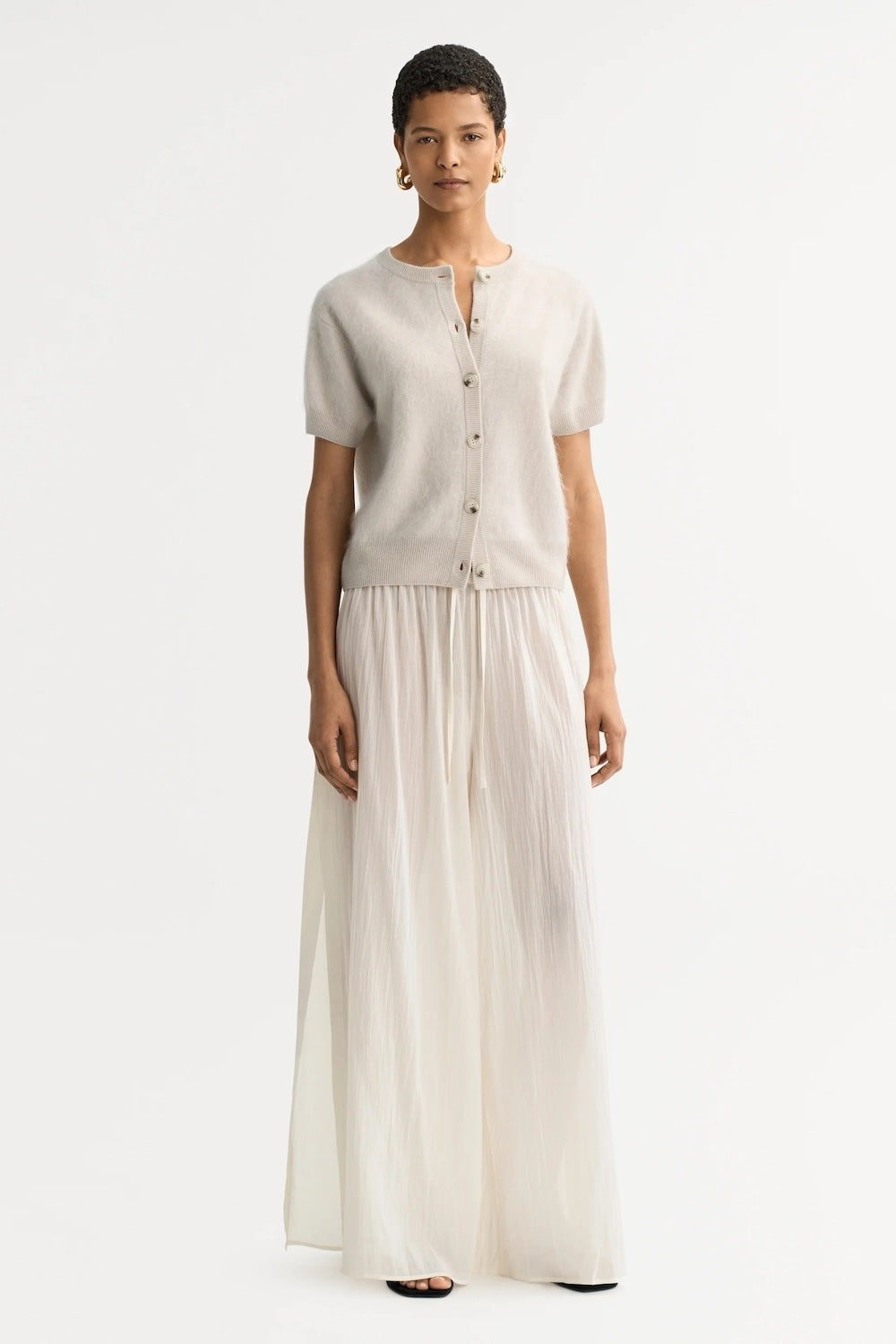 Brushed Short Sleeve Cashmere Cardigan in Chalk