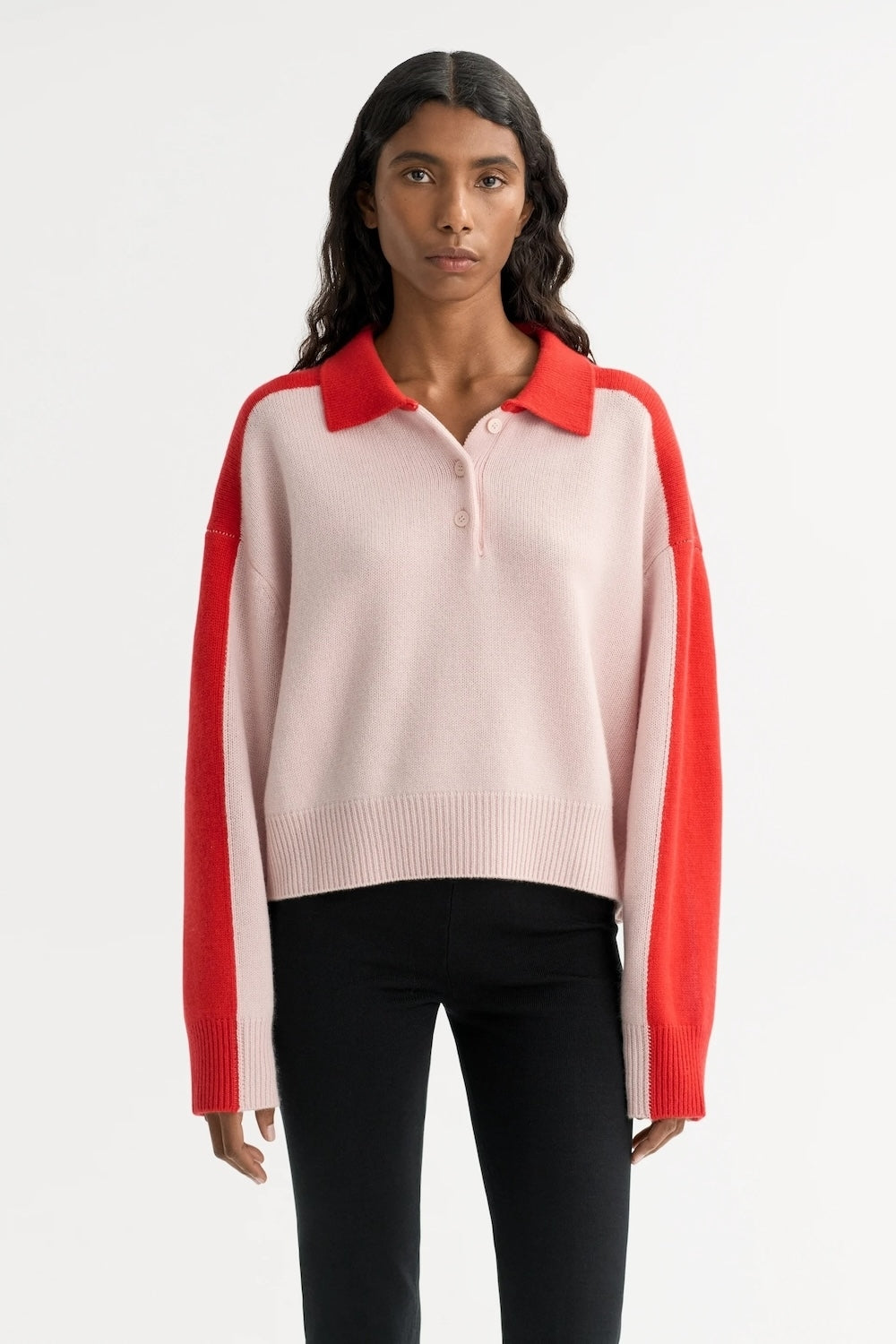 Colour Block Cashmere Polo Shirt in Powder