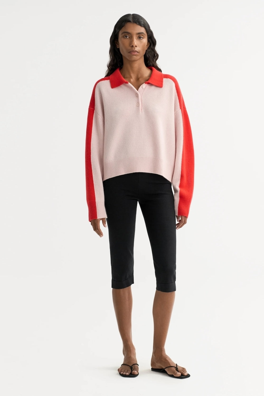Colour Block Cashmere Polo Shirt in Powder