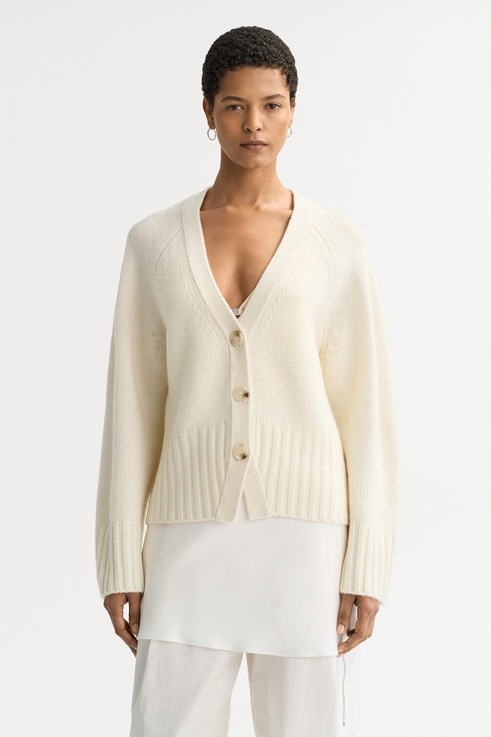 V-Neck Cashmere Cardigan in Feather White