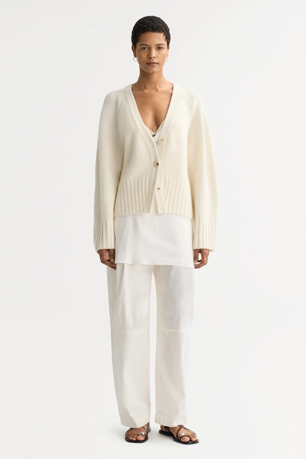 V-Neck Cashmere Cardigan in Feather White