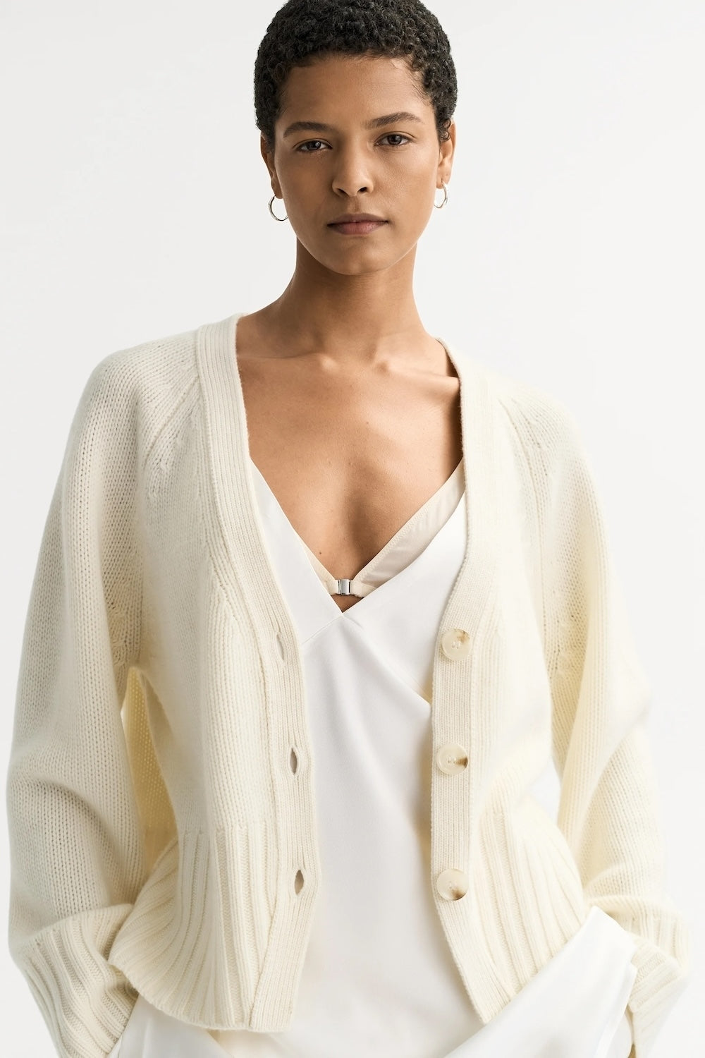 V-Neck Cashmere Cardigan in Feather White
