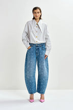 Floral Print Cropped Barrel Leg Jeans