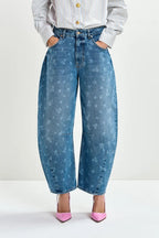 Floral Print Cropped Barrel Leg Jeans