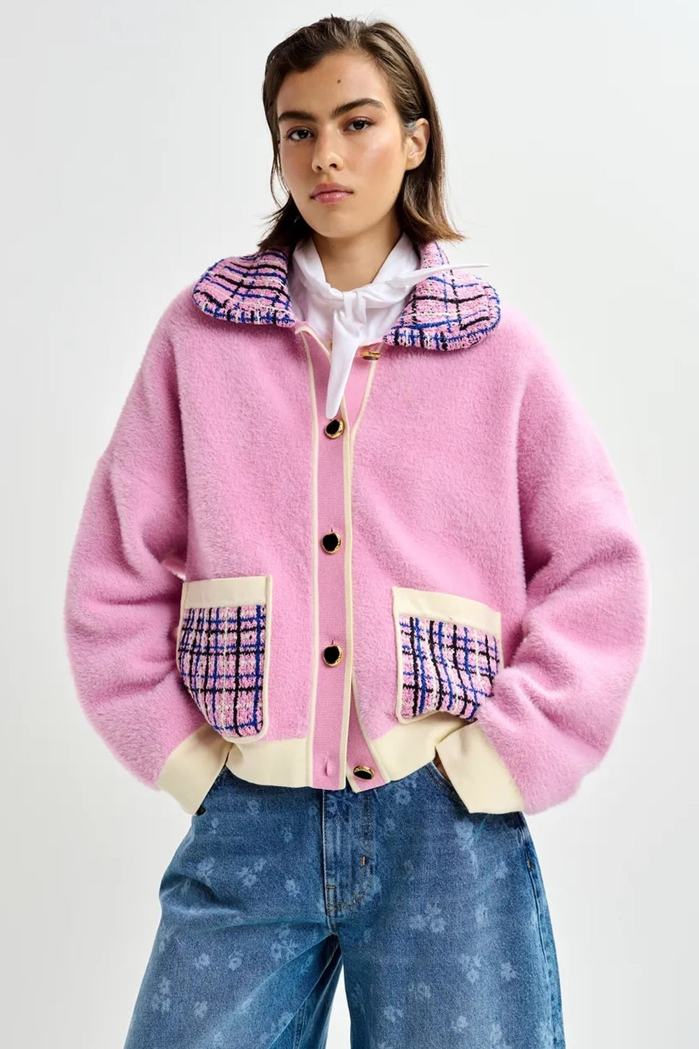 Joilu Pink Textured Cardigan with Black Tweed