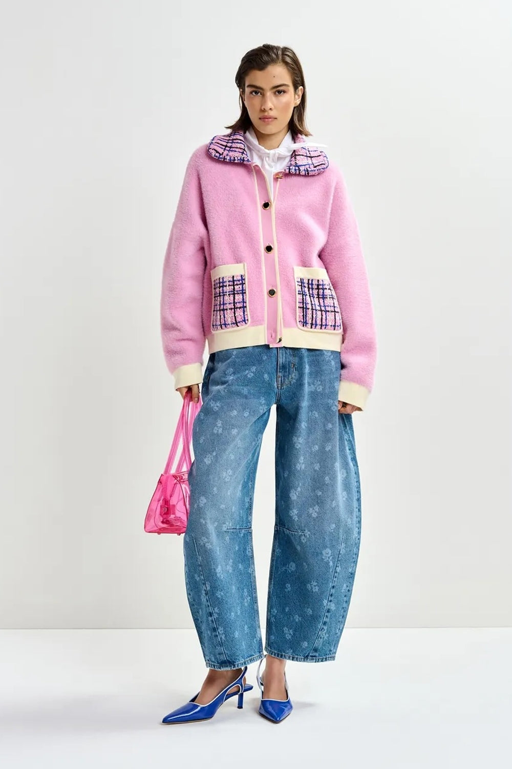 Joilu Pink Textured Cardigan with Black Tweed