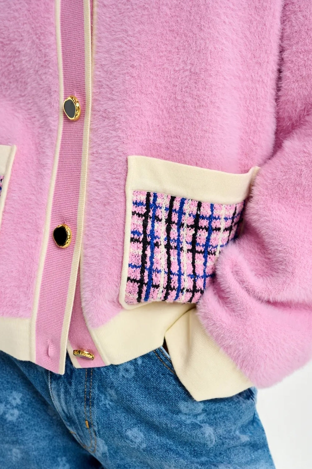 Joilu Pink Textured Cardigan with Black Tweed