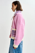 Joilu Pink Textured Cardigan with Black Tweed